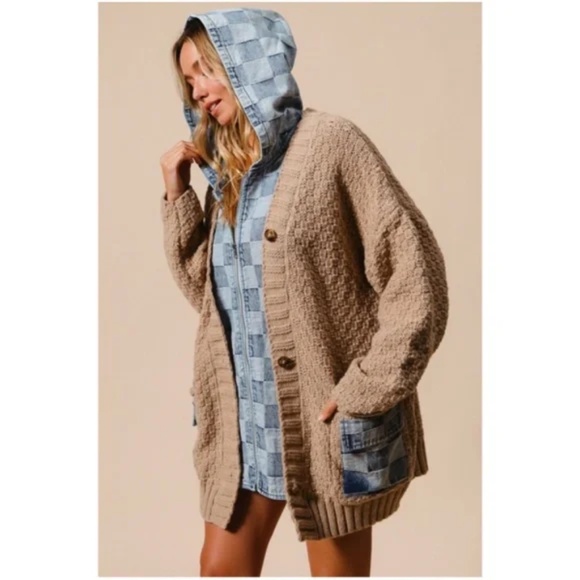 Cozy Checkered Plaid Denim Mixed Fabric Knit Cardigan Jacket Shacket - Picture 5 of 7